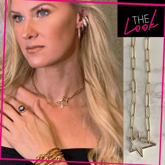 NEW! 14K Gold Plated Paperclip Chain and Zirconia Carabiner Star Choker Necklace - Picture 3 of 7